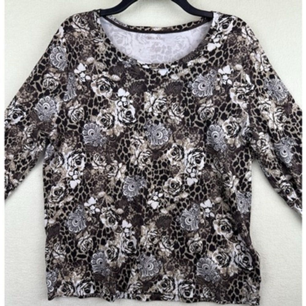 White Stag Brown Floral Long Sleeve Shirt 100% Cotton Stretch Top Womens XXL